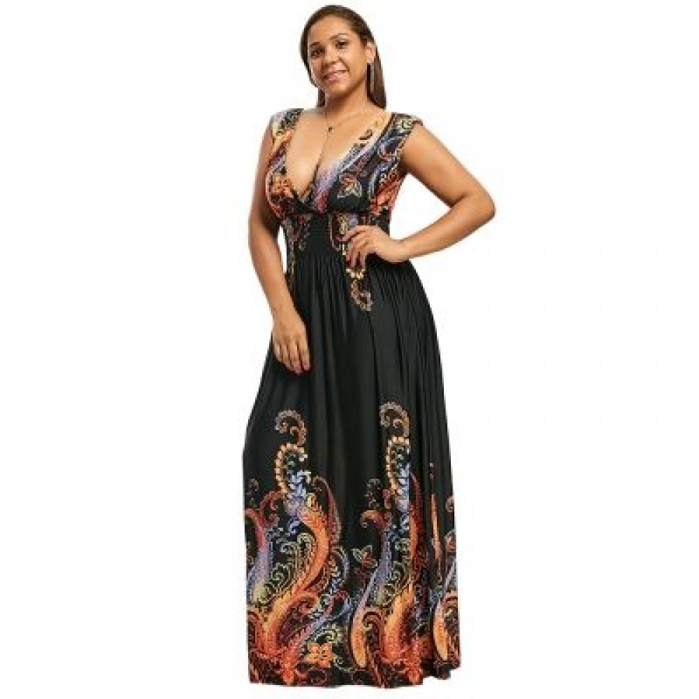 Plus Size Plunge V Neck Paisley Maxi Bohemian Dress (BLACK)