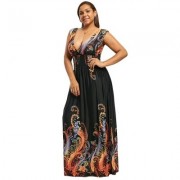 Plus Size Plunge V Neck Paisley Maxi Bohemian Dress (BLACK)