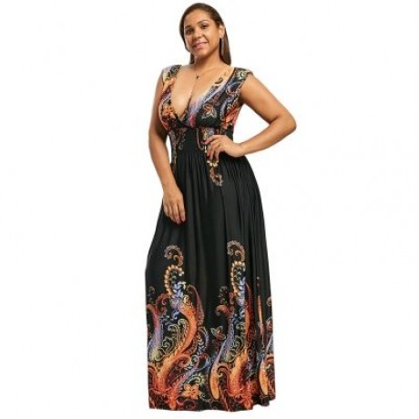 Plus Size Plunge V Neck Paisley Maxi Bohemian Dress (BLACK)