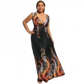 Plus Size Plunge V Neck Paisley Maxi Bohemian Dress (BLACK)