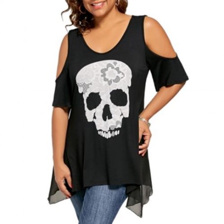 PLUS SIZE SKULL COLD SHOULDER TOP (BLACK)