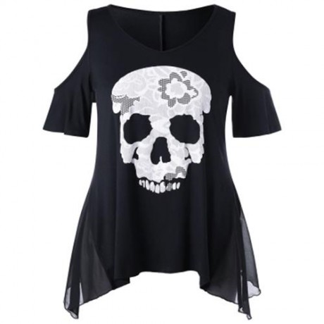 PLUS SIZE SKULL COLD SHOULDER TOP (BLACK)