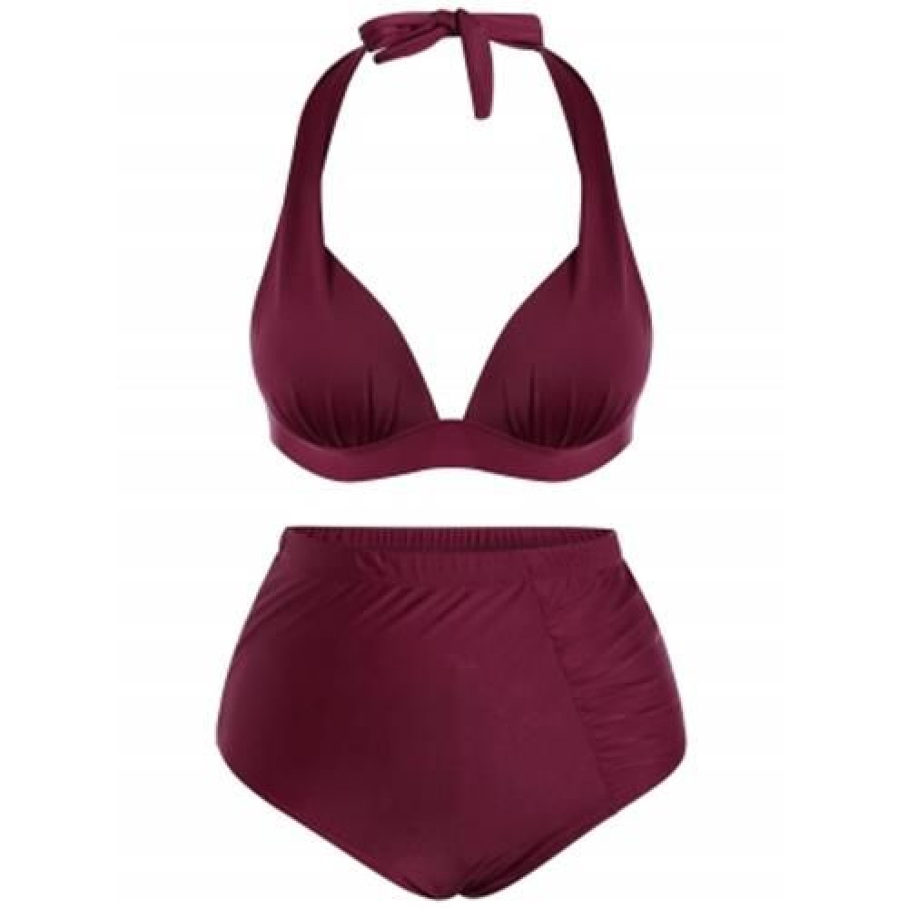 PLUS SIZE HIGH WAISTED HALTER BRALETTE BIKINI (WINE RED)