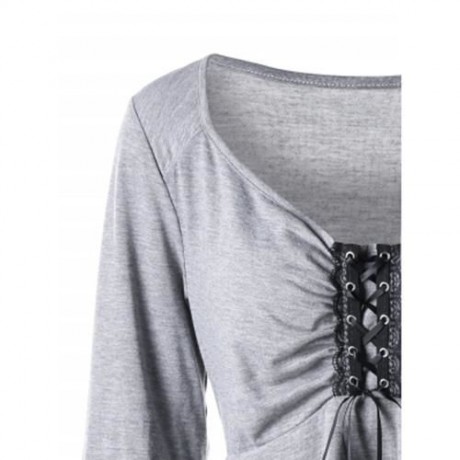 PLUS SIZE FLARE SLEEVE LACE UP TOP (LIGHT GRAY)