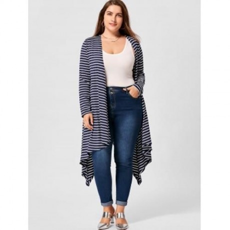 PLUS SIZE STRIPED HANDKERCHIEF HEM CARDIGAN (BLUE STRIPE)