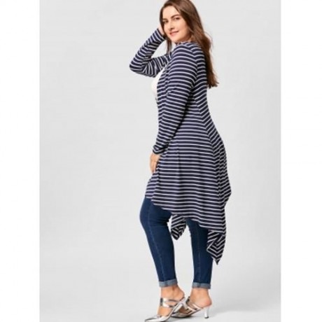 PLUS SIZE STRIPED HANDKERCHIEF HEM CARDIGAN (BLUE STRIPE)