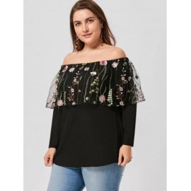 PLUS SIZE EMBROIDERY OFF THE SHOULDER CAPELET TOP (BLACK)