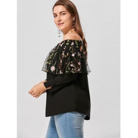 PLUS SIZE EMBROIDERY OFF THE SHOULDER CAPELET TOP (BLACK)