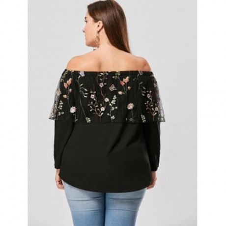 PLUS SIZE EMBROIDERY OFF THE SHOULDER CAPELET TOP (BLACK)
