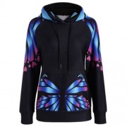 RAGLAN SLEEVE BUTTERFLY PRINT KANGAROO HOODIE (BLUE)