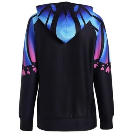 RAGLAN SLEEVE BUTTERFLY PRINT KANGAROO HOODIE (BLUE)