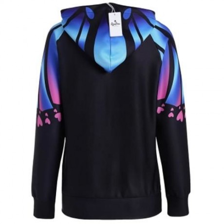RAGLAN SLEEVE BUTTERFLY PRINT KANGAROO HOODIE (BLUE)