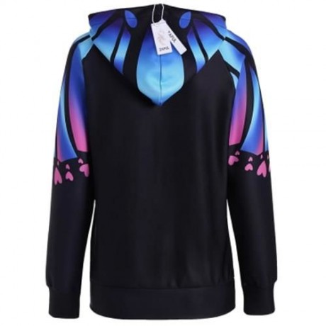 RAGLAN SLEEVE BUTTERFLY PRINT KANGAROO HOODIE (BLUE)