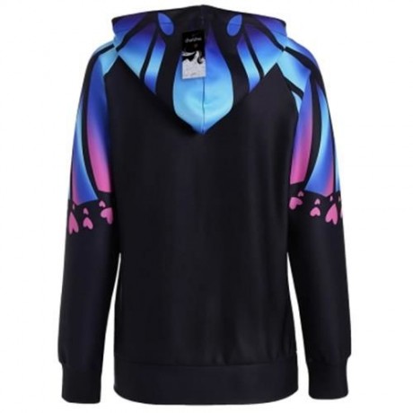 RAGLAN SLEEVE BUTTERFLY PRINT KANGAROO HOODIE (BLUE)