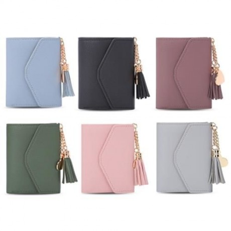 GUAPABIEN WOMEN FOLDABLE SHORT WALLET TASSEL CARD HOLDER (LIGHT GRAY)