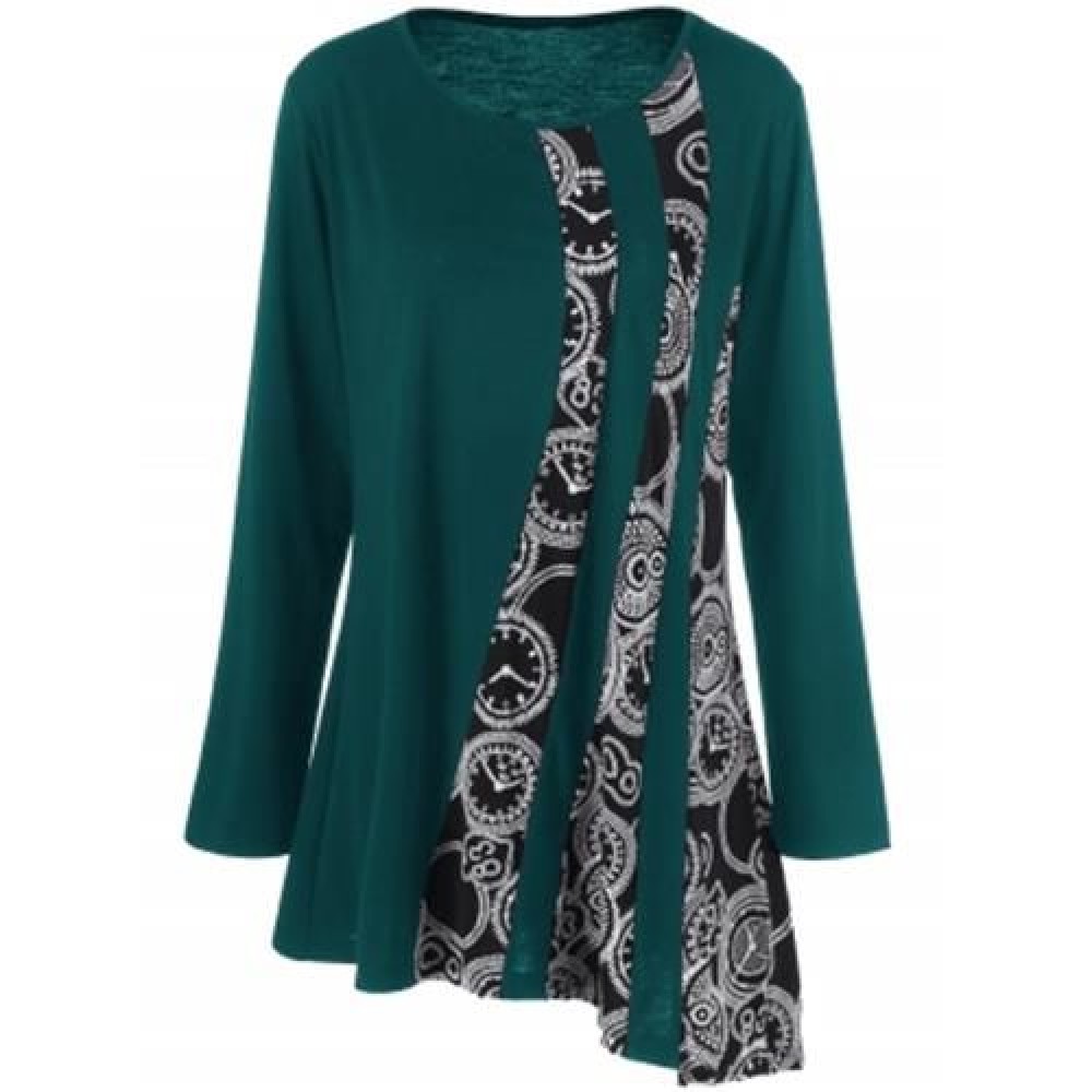 PLUS SIZE PRINTED ASYMMETRIC TUNIC T-SHIRT (BLACKISH GREEN)