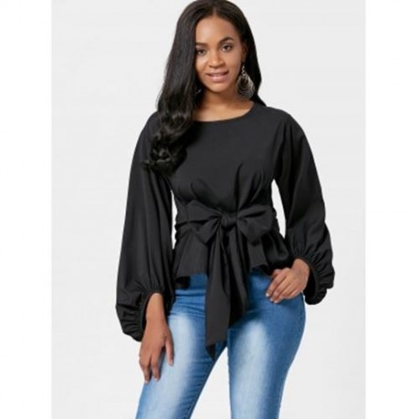 PUFF SLEEVE BELTED BLOUSE (BLACK)