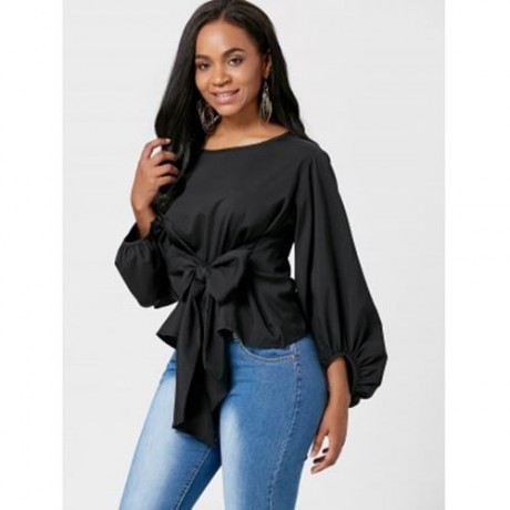 PUFF SLEEVE BELTED BLOUSE (BLACK)