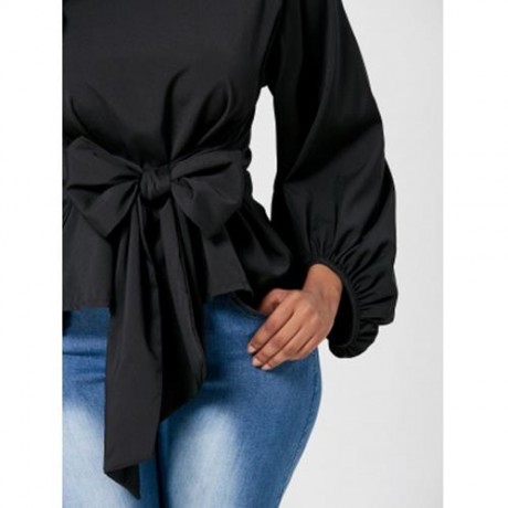 PUFF SLEEVE BELTED BLOUSE (BLACK)