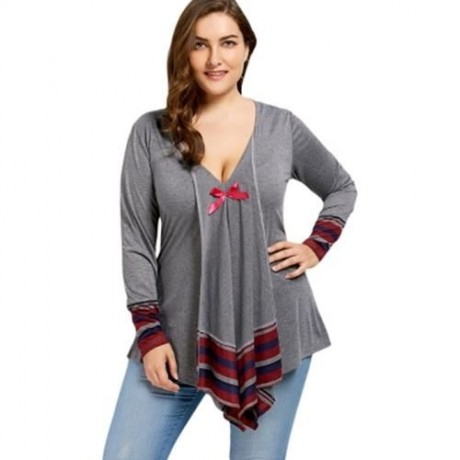 BOWKNOT STRIPED ASYMMETRICAL PLUS SIZE TEE (GRAY)