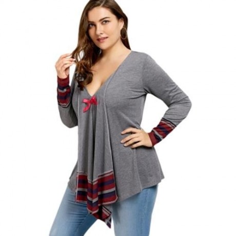 BOWKNOT STRIPED ASYMMETRICAL PLUS SIZE TEE (GRAY)
