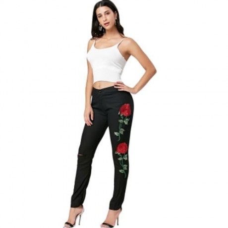 FLOWER EMBROIDERED RIPPED JEANS (BLACK)
