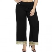 PLUS SIZE FLORAL LACE TRIM WIDE LEG PANTS (BLACK)