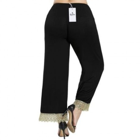 PLUS SIZE FLORAL LACE TRIM WIDE LEG PANTS (BLACK)