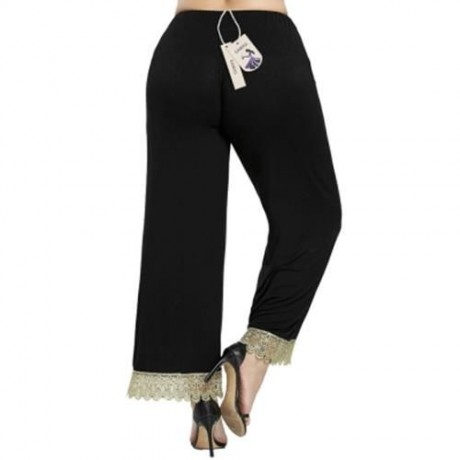 PLUS SIZE FLORAL LACE TRIM WIDE LEG PANTS (BLACK)