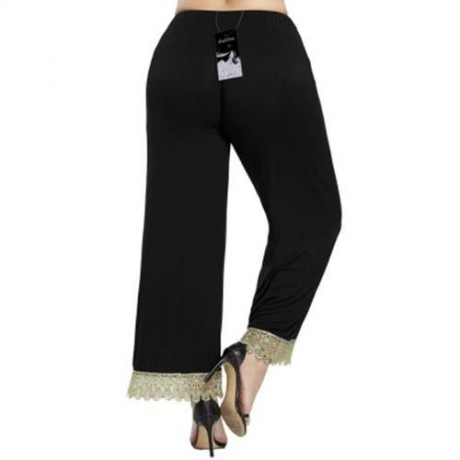 PLUS SIZE FLORAL LACE TRIM WIDE LEG PANTS (BLACK)