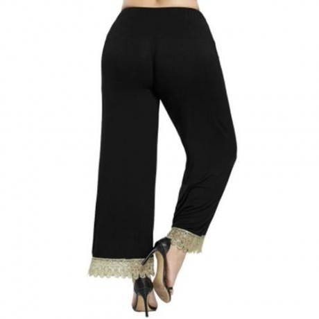 PLUS SIZE FLORAL LACE TRIM WIDE LEG PANTS (BLACK)