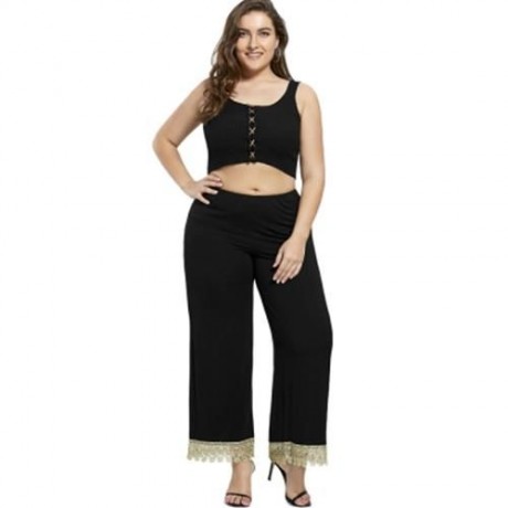 PLUS SIZE FLORAL LACE TRIM WIDE LEG PANTS (BLACK)