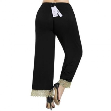 PLUS SIZE FLORAL LACE TRIM WIDE LEG PANTS (BLACK)