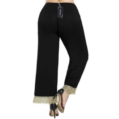 PLUS SIZE FLORAL LACE TRIM WIDE LEG PANTS (BLACK)