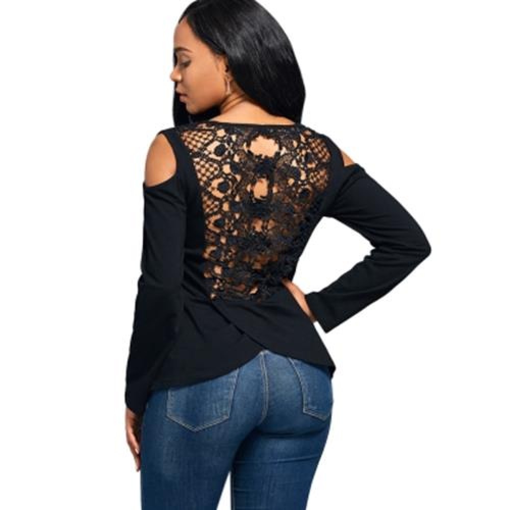 LONG SLEEVE LACE BACK COLD SHOULDER T-SHIRT (BLACK)