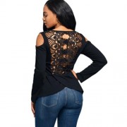 LONG SLEEVE LACE BACK COLD SHOULDER T-SHIRT (BLACK)