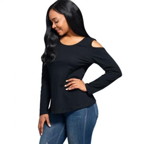 LONG SLEEVE LACE BACK COLD SHOULDER T-SHIRT (BLACK)
