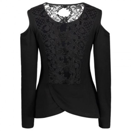 LONG SLEEVE LACE BACK COLD SHOULDER T-SHIRT (BLACK)