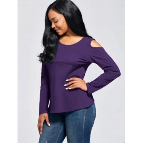 LONG SLEEVE LACE BACK COLD SHOULDER T-SHIRT (BLACK)