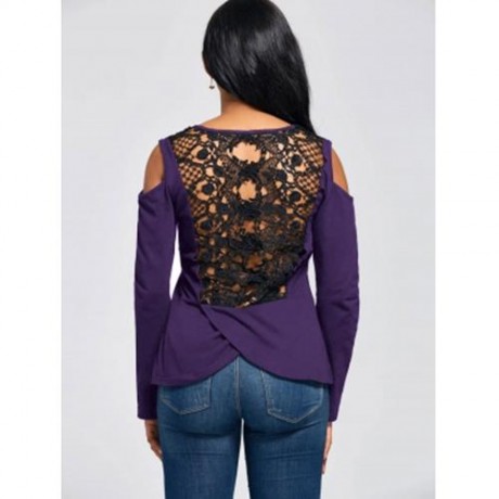 LONG SLEEVE LACE BACK COLD SHOULDER T-SHIRT (BLACK)