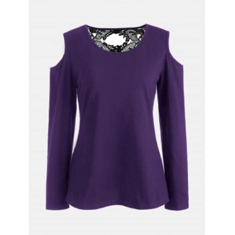 LONG SLEEVE LACE BACK COLD SHOULDER T-SHIRT (BLACK)