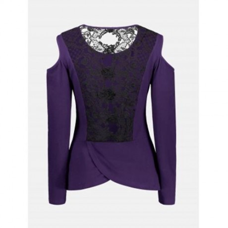 LONG SLEEVE LACE BACK COLD SHOULDER T-SHIRT (BLACK)