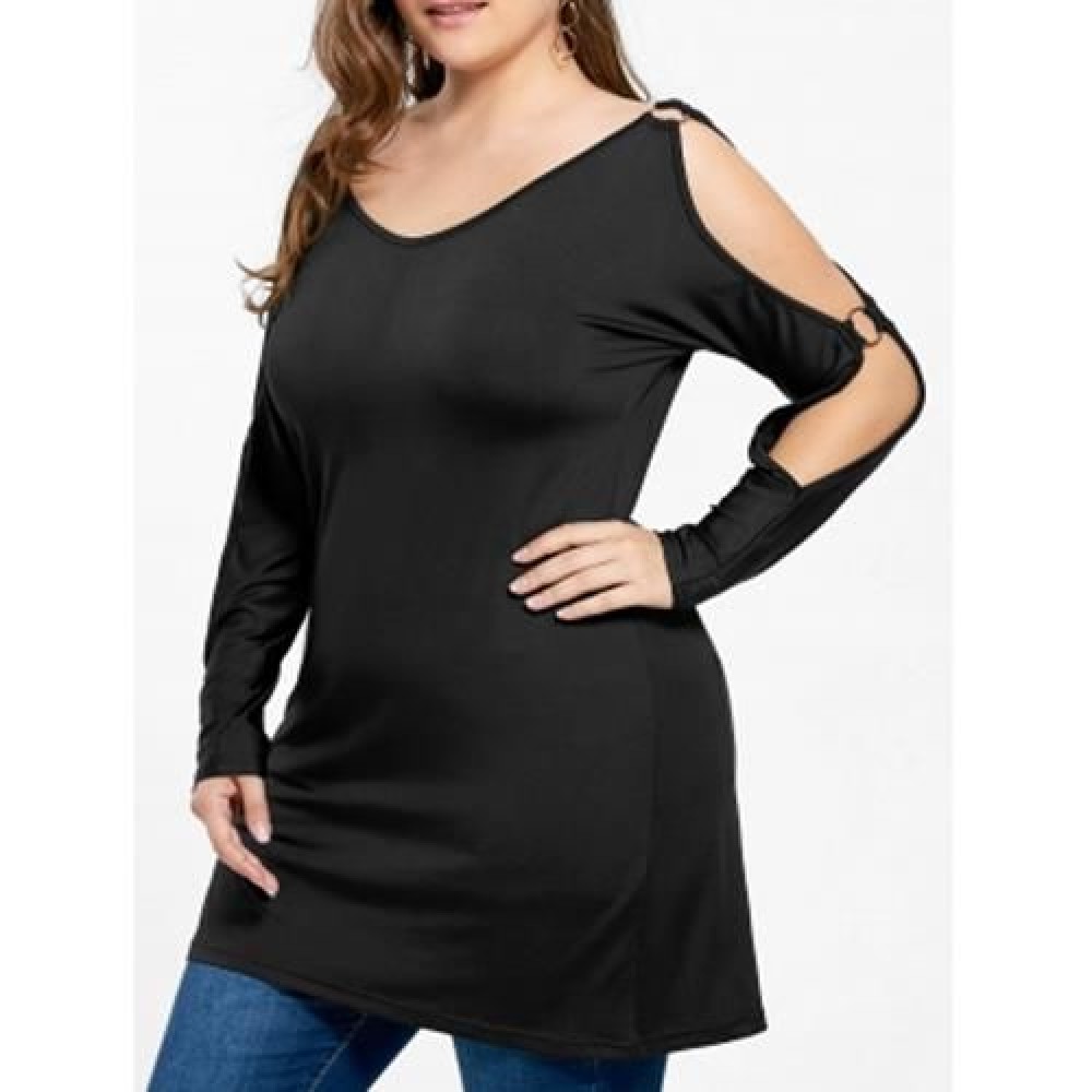 PLUS SIZE COLD SHOULDER V NECK LONGLINE T-SHIRT (BLACK)