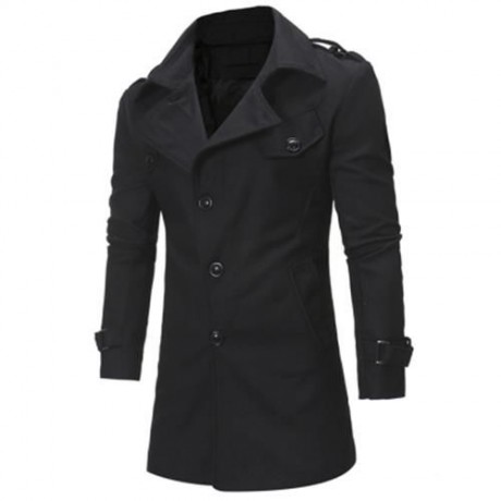 TURNDOWN COLLAR EPAULET SINGLE BREASTED WOOLEN COAT (BLACK)