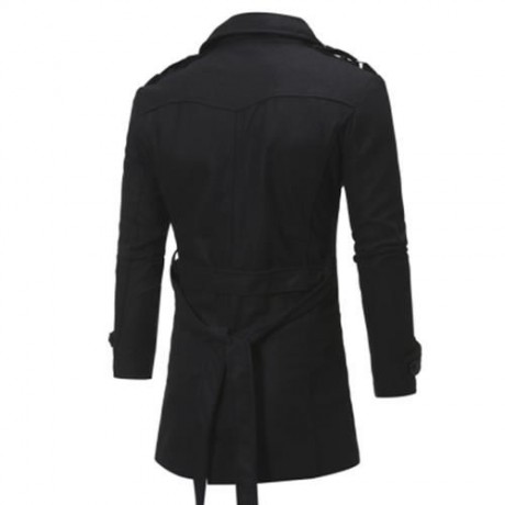TURNDOWN COLLAR EPAULET SINGLE BREASTED WOOLEN COAT (BLACK)