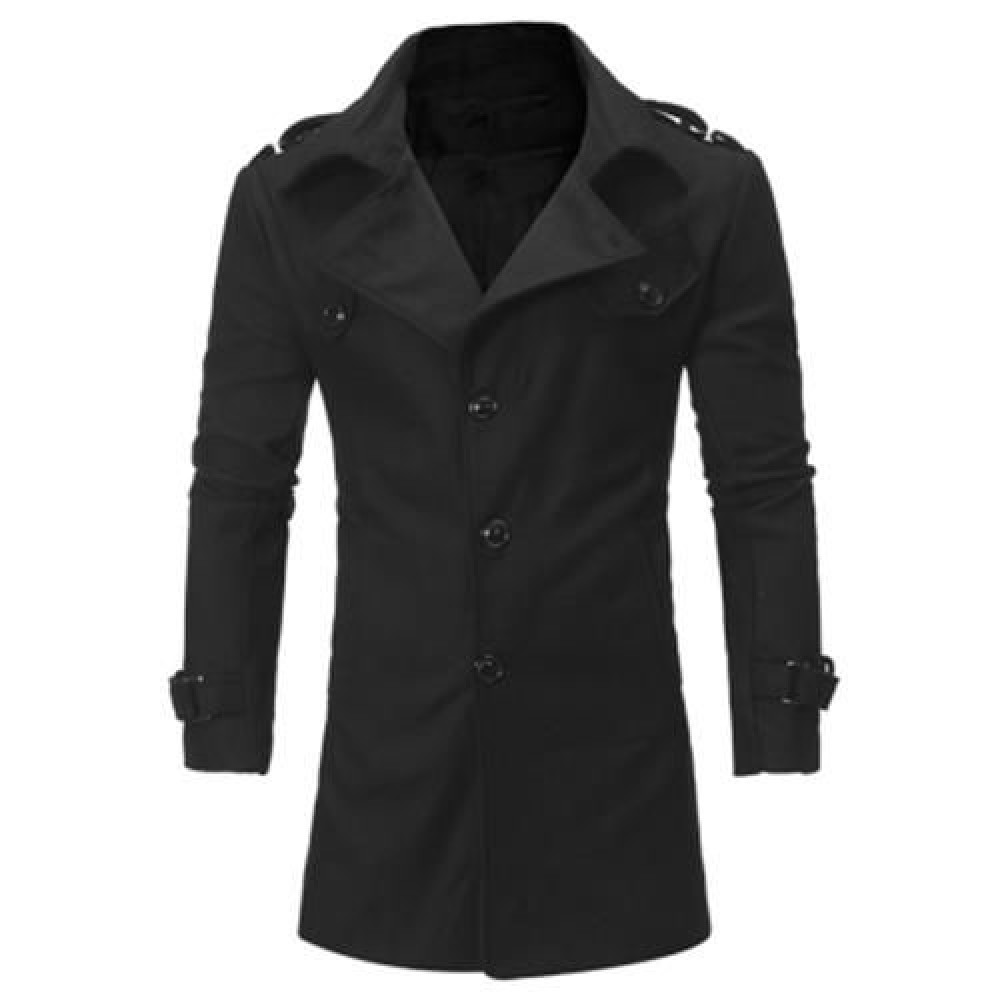 TURNDOWN COLLAR EPAULET SINGLE BREASTED WOOLEN COAT (BLACK)