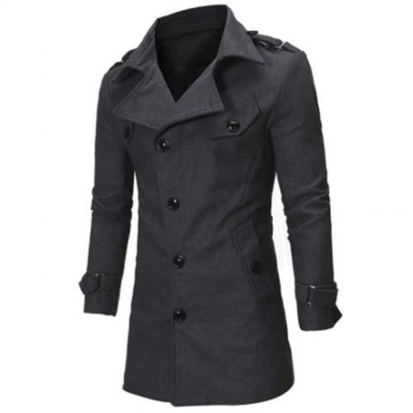 TURNDOWN COLLAR EPAULET SINGLE BREASTED WOOLEN COAT (BLACK)