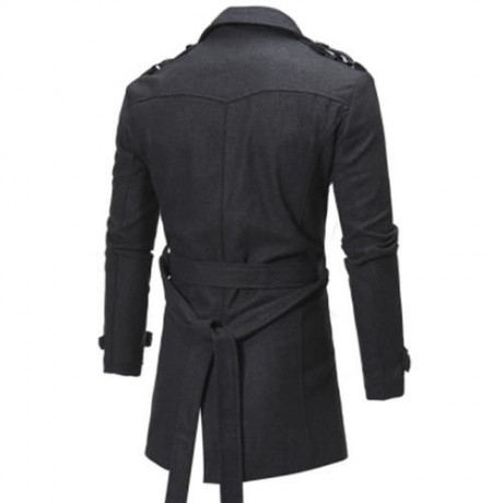 TURNDOWN COLLAR EPAULET SINGLE BREASTED WOOLEN COAT (BLACK)
