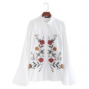 TURN-DOWN COLLAR BELL SLEEVE EMBROIDERY SHIRT FOR WOMEN (WHITE)