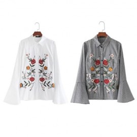 TURN-DOWN COLLAR BELL SLEEVE EMBROIDERY SHIRT FOR WOMEN (WHITE)